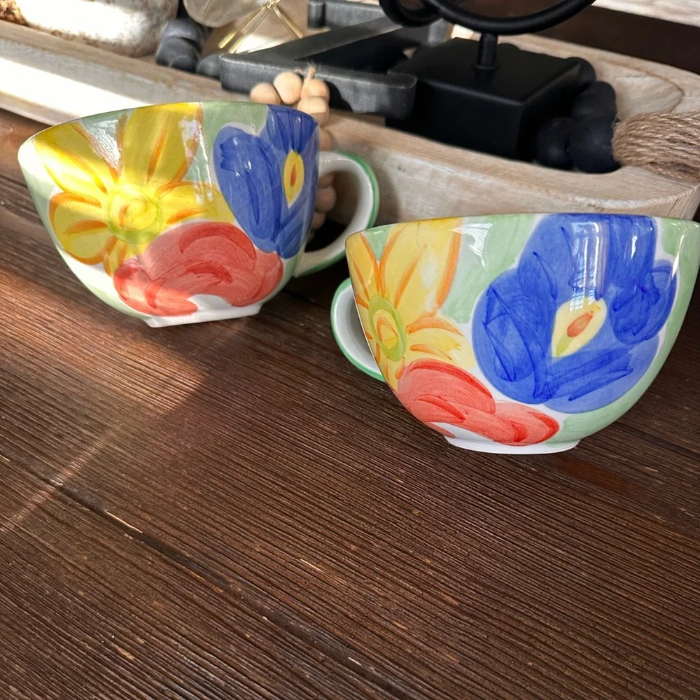 Bob Mackie yellow blue floral botanical oversized vintage mug set